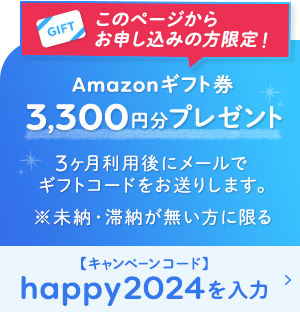 この表示が出ている方限定!お申込みでamazonギフト券3,300円分プレゼント